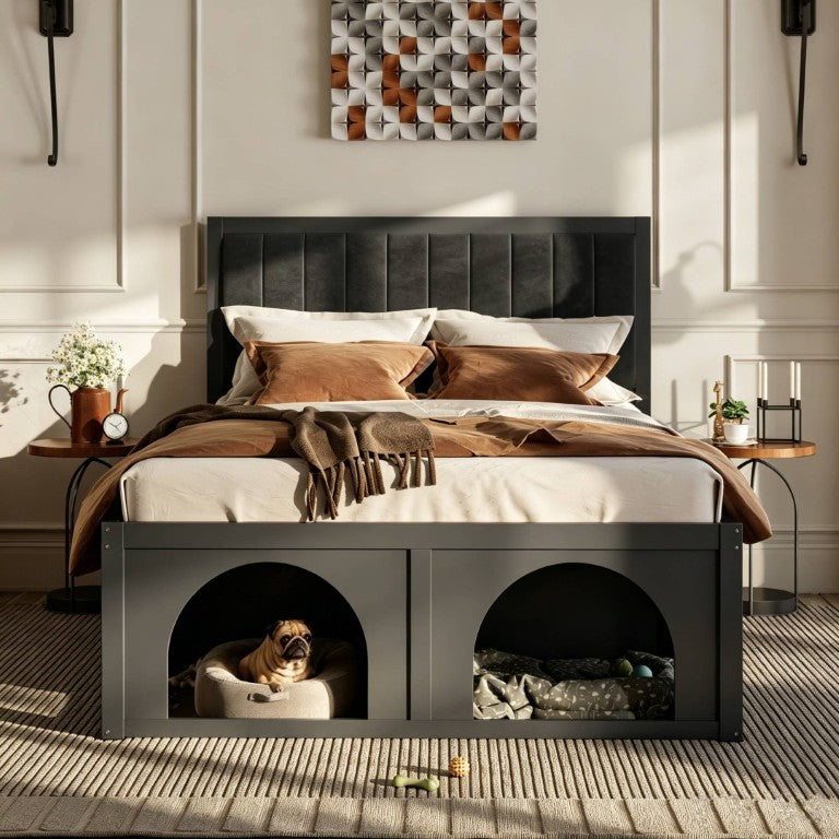 English Elm Queen Platform Bed with Pet Nook Arched Frame and Channel Tufted Velvet Headboard Black N820S00086B