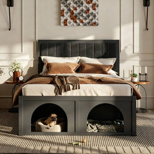 English Elm Queen Platform Bed with Pet Nook Arched Frame and Channel Tufted Velvet Headboard Black N820S00086B