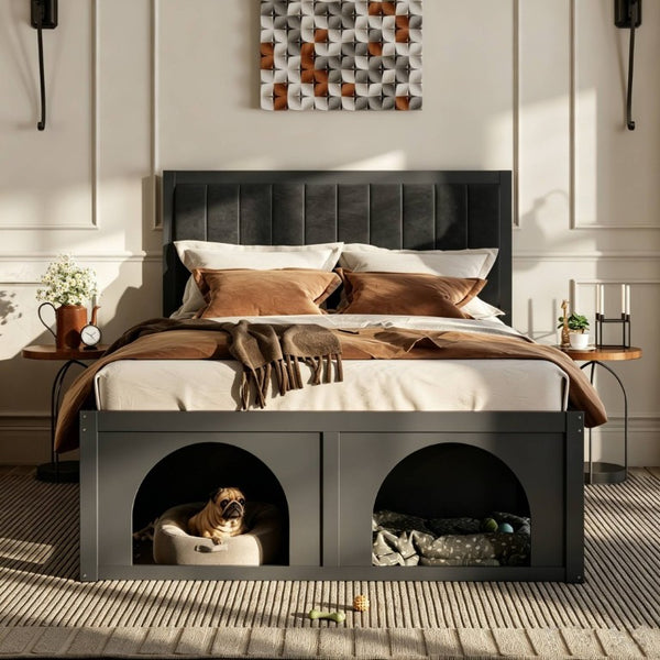 English Elm Queen Platform Bed with Pet Nook Arched Frame and Channel Tufted Velvet Headboard Black N820S00086B