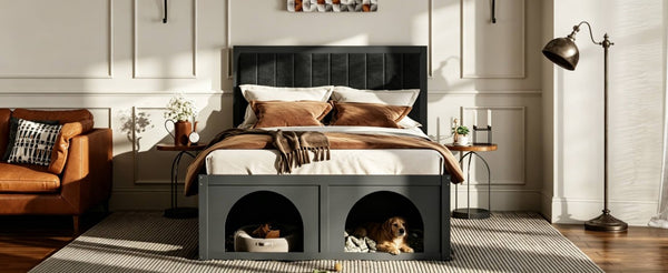 English Elm Queen Platform Bed with Pet Nook Arched Frame and Channel Tufted Velvet Headboard Black N820S00086B