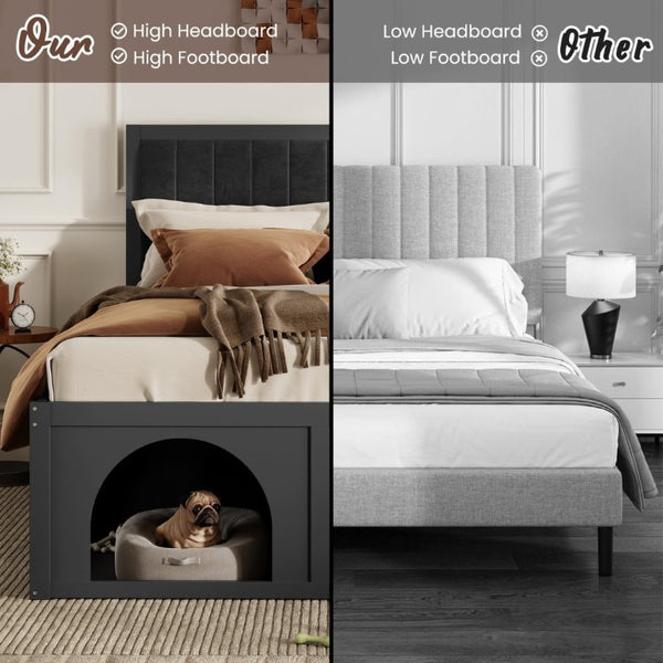 English Elm Queen Platform Bed with Pet Nook Arched Frame and Channel Tufted Velvet Headboard Black N820S00086B