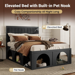 English Elm Queen Platform Bed with Pet Nook Arched Frame and Channel Tufted Velvet Headboard Black N820S00086B