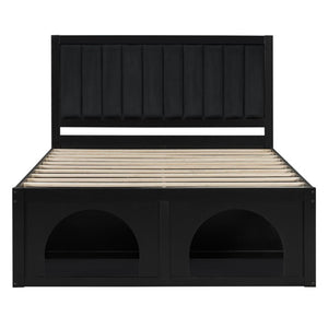 English Elm Queen Platform Bed with Pet Nook Arched Frame and Channel Tufted Velvet Headboard Black N820S00086B