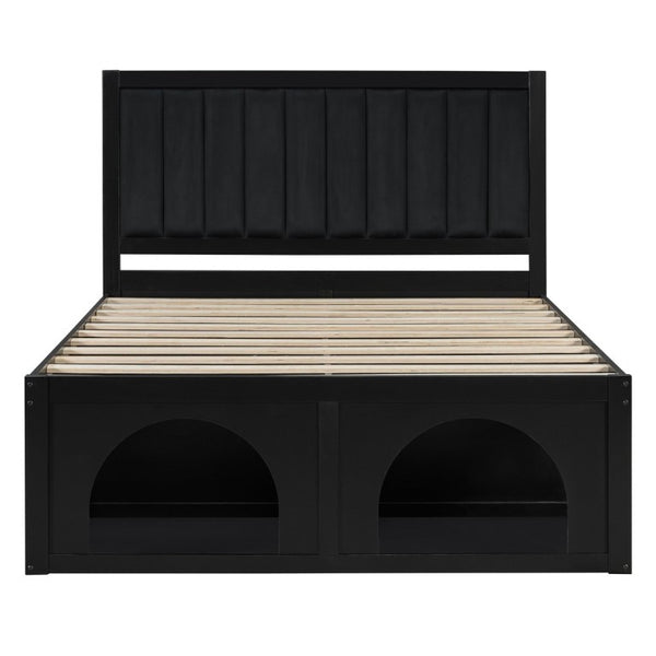 English Elm Queen Platform Bed with Pet Nook Arched Frame and Channel Tufted Velvet Headboard Black N820S00086B