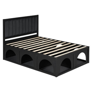 English Elm Queen Platform Bed with Pet Nook Arched Frame and Channel Tufted Velvet Headboard Black N820S00086B