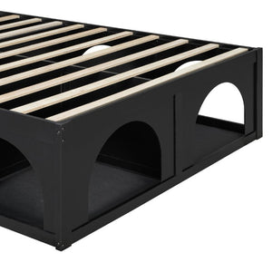 English Elm Queen Platform Bed with Pet Nook Arched Frame and Channel Tufted Velvet Headboard Black N820S00086B