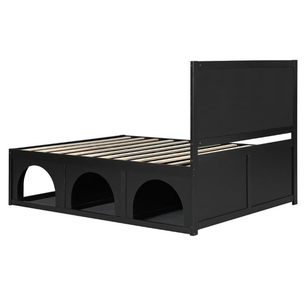 English Elm Queen Platform Bed with Pet Nook Arched Frame and Channel Tufted Velvet Headboard Black N820S00086B