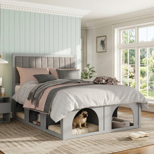 English Elm Queen Platform Bed with Pet Nook Arched Frame and Channel Tufted Velvet Headboard Light Gray N820S00086E