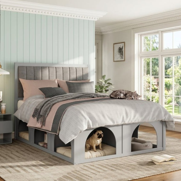English Elm Queen Platform Bed with Pet Nook Arched Frame and Channel Tufted Velvet Headboard Light Gray N820S00086E
