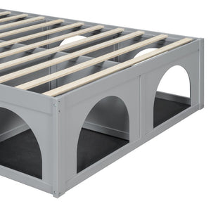 English Elm Queen Platform Bed with Pet Nook Arched Frame and Channel Tufted Velvet Headboard Light Gray N820S00086E
