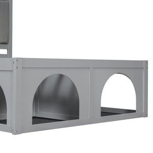 English Elm Queen Platform Bed with Pet Nook Arched Frame and Channel Tufted Velvet Headboard Light Gray N820S00086E