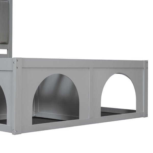 English Elm Queen Platform Bed with Pet Nook Arched Frame and Channel Tufted Velvet Headboard Light Gray N820S00086E