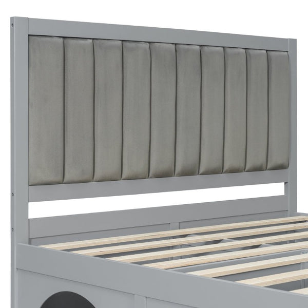 English Elm Queen Platform Bed with Pet Nook Arched Frame and Channel Tufted Velvet Headboard Light Gray N820S00086E
