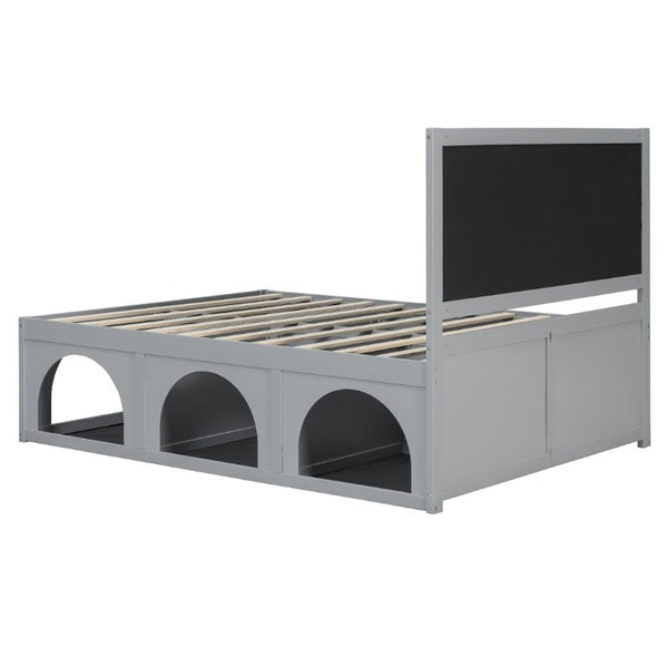 English Elm Queen Platform Bed with Pet Nook Arched Frame and Channel Tufted Velvet Headboard Light Gray N820S00086E