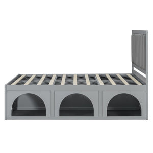 English Elm Queen Platform Bed with Pet Nook Arched Frame and Channel Tufted Velvet Headboard Light Gray N820S00086E