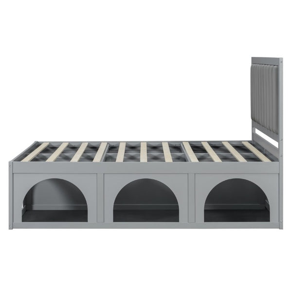 English Elm Queen Platform Bed with Pet Nook Arched Frame and Channel Tufted Velvet Headboard Light Gray N820S00086E