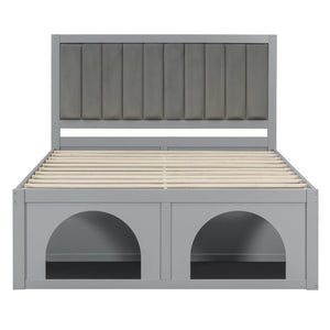 English Elm Queen Platform Bed with Pet Nook Arched Frame and Channel Tufted Velvet Headboard Light Gray N820S00086E