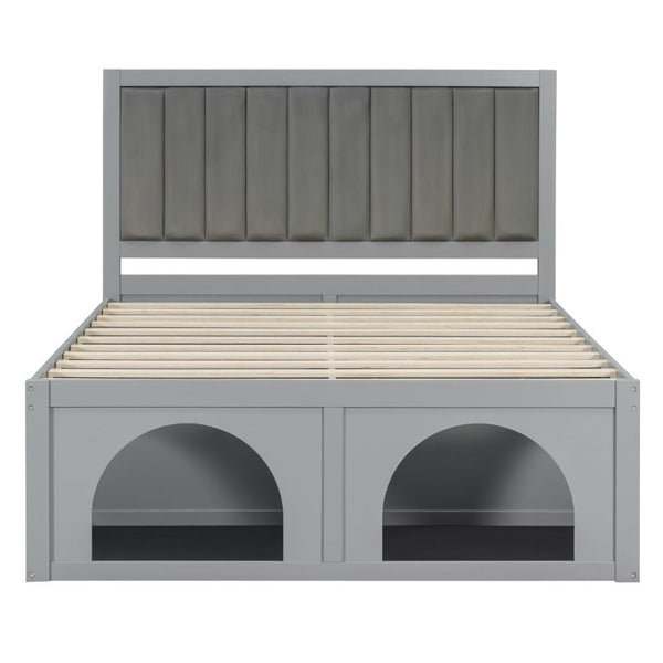 English Elm Queen Platform Bed with Pet Nook Arched Frame and Channel Tufted Velvet Headboard Light Gray N820S00086E