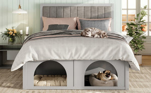 English Elm Queen Platform Bed with Pet Nook Arched Frame and Channel Tufted Velvet Headboard Light Gray N820S00086E