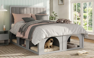 English Elm Queen Platform Bed with Pet Nook Arched Frame and Channel Tufted Velvet Headboard Light Gray N820S00086E
