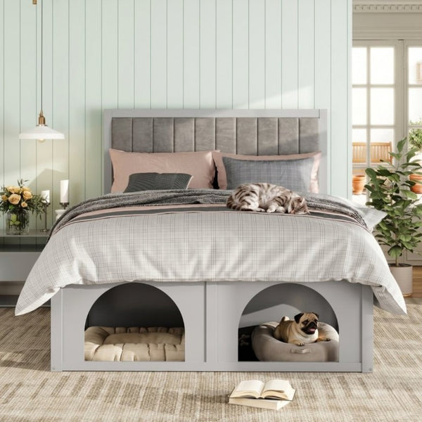 English Elm Queen Platform Bed with Pet Nook Arched Frame and Channel Tufted Velvet Headboard Light Gray N820S00086E