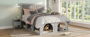 English Elm Queen Platform Bed with Pet Nook Arched Frame and Channel Tufted Velvet Headboard Light Gray N820S00086E