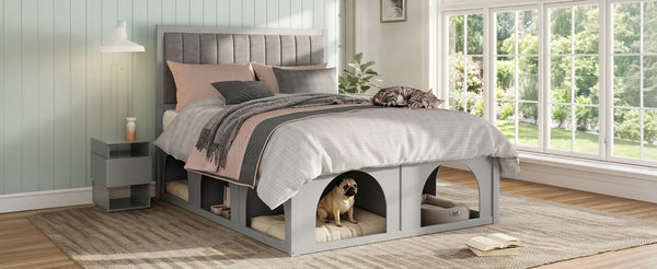 English Elm Queen Platform Bed with Pet Nook Arched Frame and Channel Tufted Velvet Headboard Light Gray N820S00086E