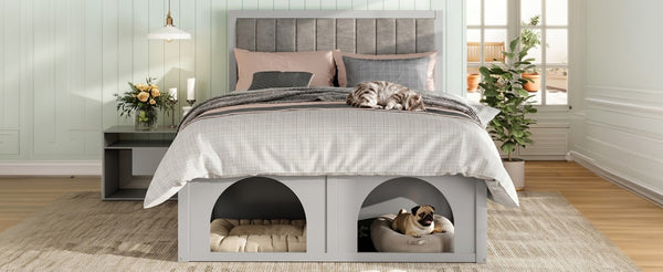 English Elm Queen Platform Bed with Pet Nook Arched Frame and Channel Tufted Velvet Headboard Light Gray N820S00086E