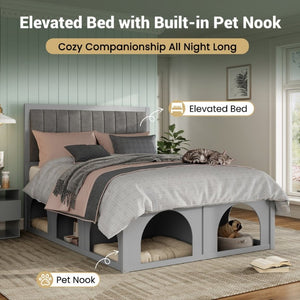 English Elm Queen Platform Bed with Pet Nook Arched Frame and Channel Tufted Velvet Headboard Light Gray N820S00086E