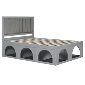 English Elm Queen Platform Bed with Pet Nook Arched Frame and Channel Tufted Velvet Headboard Light Gray N820S00086E