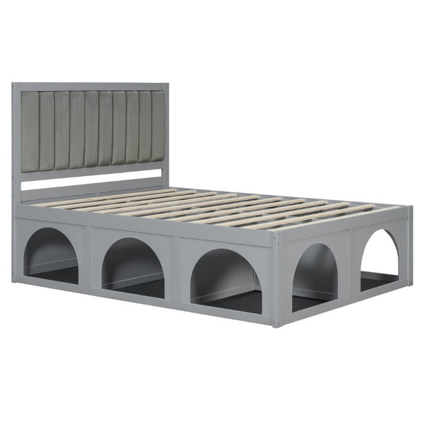 English Elm Queen Platform Bed with Pet Nook Arched Frame and Channel Tufted Velvet Headboard Light Gray N820S00086E