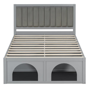 English Elm Queen Platform Bed with Pet Nook Arched Frame and Channel Tufted Velvet Headboard Light Gray N820S00086E