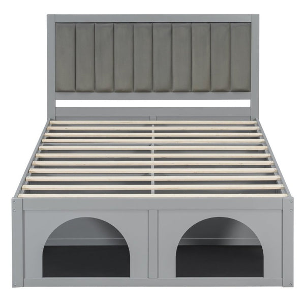 English Elm Queen Platform Bed with Pet Nook Arched Frame and Channel Tufted Velvet Headboard Light Gray N820S00086E