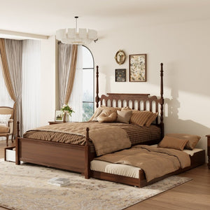 English Elm Queen Platform Bed Spindle Headboard with Trundle and Two Under Storage Drawers Walnut N820S00092D