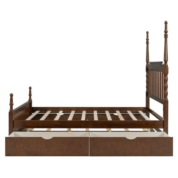 English Elm Queen Platform Bed Spindle Headboard with Trundle and Two Under Storage Drawers Walnut N820S00092D