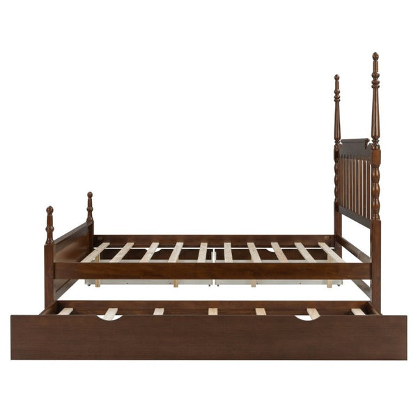 English Elm Queen Platform Bed Spindle Headboard with Trundle and Two Under Storage Drawers Walnut N820S00092D