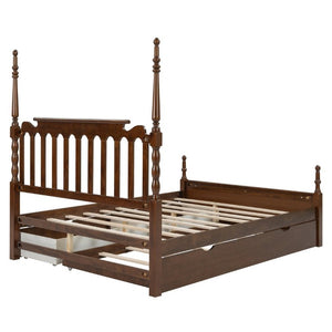 English Elm Queen Platform Bed Spindle Headboard with Trundle and Two Under Storage Drawers Walnut N820S00092D
