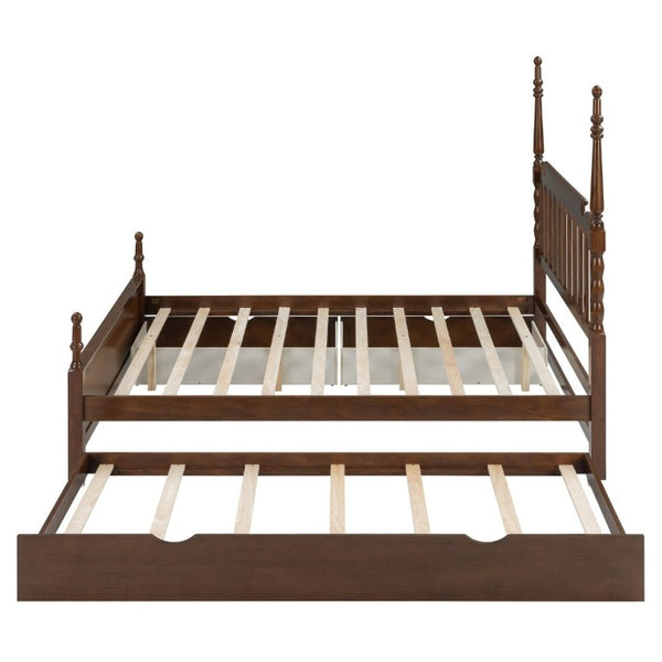 English Elm Queen Platform Bed Spindle Headboard with Trundle and Two Under Storage Drawers Walnut N820S00092D