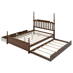 English Elm Queen Platform Bed Spindle Headboard with Trundle and Two Under Storage Drawers Walnut N820S00092D