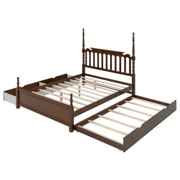 English Elm Queen Platform Bed Spindle Headboard with Trundle and Two Under Storage Drawers Walnut N820S00092D