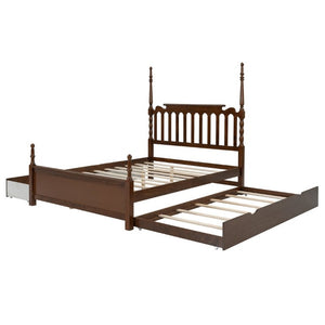 English Elm Queen Platform Bed Spindle Headboard with Trundle and Two Under Storage Drawers Walnut N820S00092D