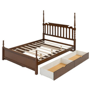 English Elm Queen Platform Bed Spindle Headboard with Trundle and Two Under Storage Drawers Walnut N820S00092D