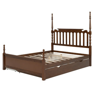 English Elm Queen Platform Bed Spindle Headboard with Trundle and Two Under Storage Drawers Walnut N820S00092D