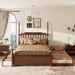 English Elm Queen Platform Bed Spindle Headboard with Trundle and Two Under Storage Drawers Walnut N820S00092D