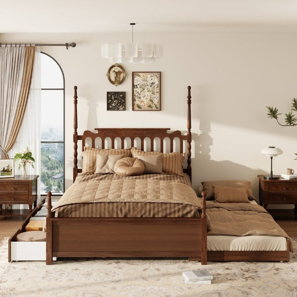 English Elm Queen Platform Bed Spindle Headboard with Trundle and Two Under Storage Drawers Walnut N820S00092D