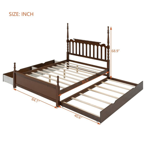 English Elm Queen Platform Bed Spindle Headboard with Trundle and Two Under Storage Drawers Walnut N820S00092D