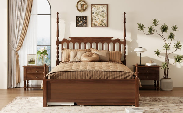 English Elm Queen Platform Bed Spindle Headboard with Trundle and Two Under Storage Drawers Walnut N820S00092D