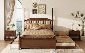 English Elm Queen Platform Bed Spindle Headboard with Trundle and Two Under Storage Drawers Walnut N820S00092D