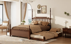 English Elm Queen Platform Bed Spindle Headboard with Trundle and Two Under Storage Drawers Walnut N820S00092D