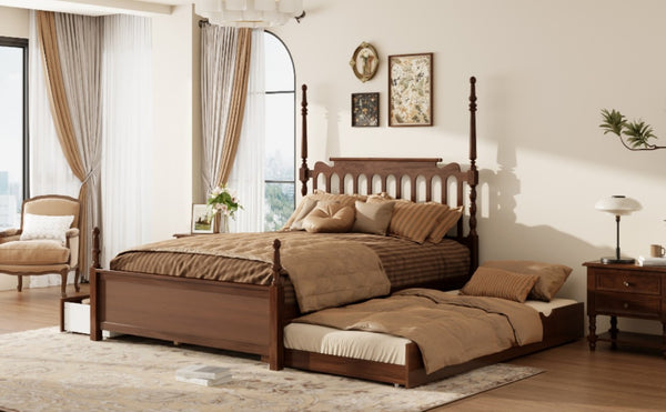 English Elm Queen Platform Bed Spindle Headboard with Trundle and Two Under Storage Drawers Walnut N820S00092D